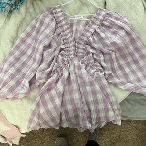 purple and white gingham romper